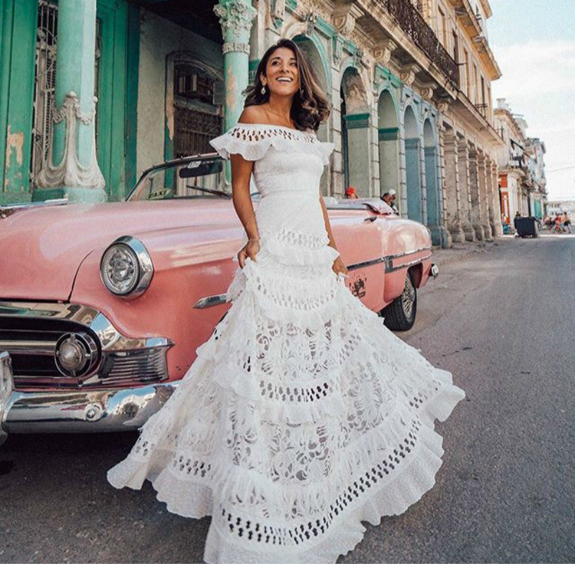 Women White Ruffles Lace Maxi Long Dress A-line Slash Neck Peral Sleeve Hollow Out Summer Vintage Large Size Party Dress - LiveTrendsX