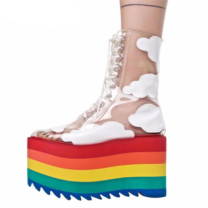 Rainbow Platform Shoes Woman PVC Transparent Lace-Up Thick High Heels Ankle Boots Ladies Height Increasing Party Shoes - LiveTrendsX