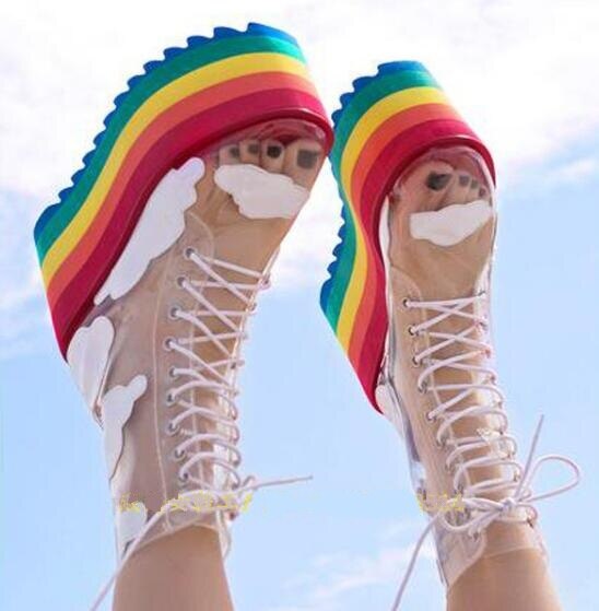 Rainbow Platform Shoes Woman PVC Transparent Lace-Up Thick High Heels Ankle Boots Ladies Height Increasing Party Shoes - LiveTrendsX