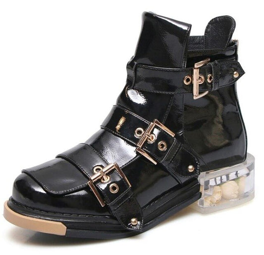 New Designer Flowers Clear Low Heel Ankle Boots Zip Buckle Motorcyle Boots Platform Genuine Leather Short Botas Mujer - LiveTrendsX