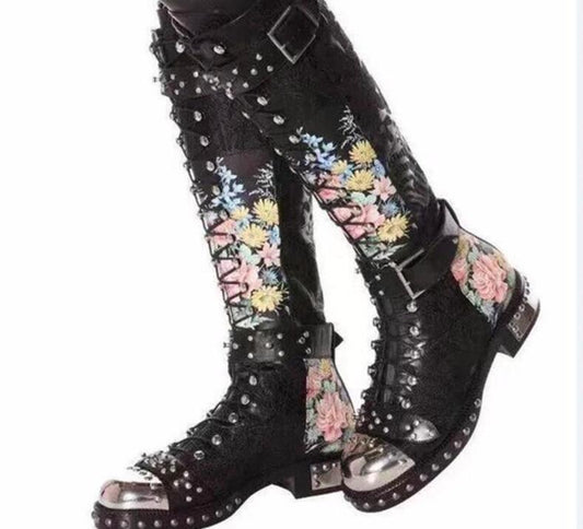 Rivets Studded Buckle Knee High Boots Women Embroidered Leather Print Flower Flat Motorcycle Boots Winter Shoes Woman - LiveTrendsX