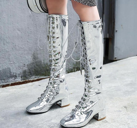 Silver Patent Leather Women Boots Knee High Square Toe Chunky Heel Ladies Booties Front Cross Tied Back Zip Shoes Woman - LiveTrendsX