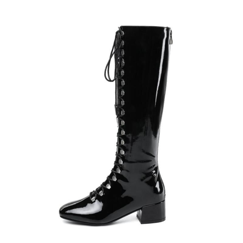 Silver Patent Leather Women Boots Knee High Square Toe Chunky Heel Ladies Booties Front Cross Tied Back Zip Shoes Woman - LiveTrendsX