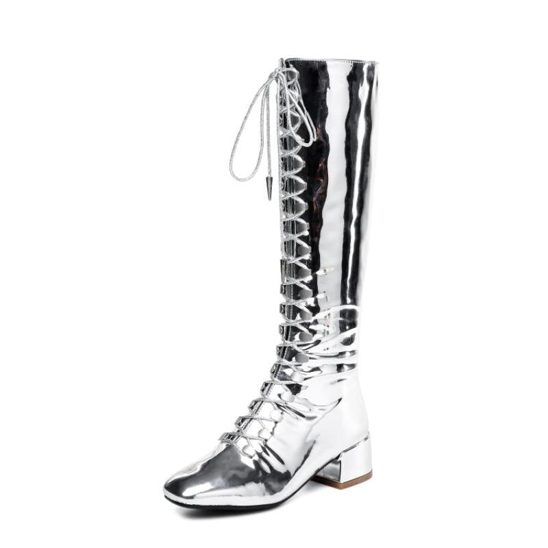 Silver Patent Leather Women Boots Knee High Square Toe Chunky Heel Ladies Booties Front Cross Tied Back Zip Shoes Woman - LiveTrendsX