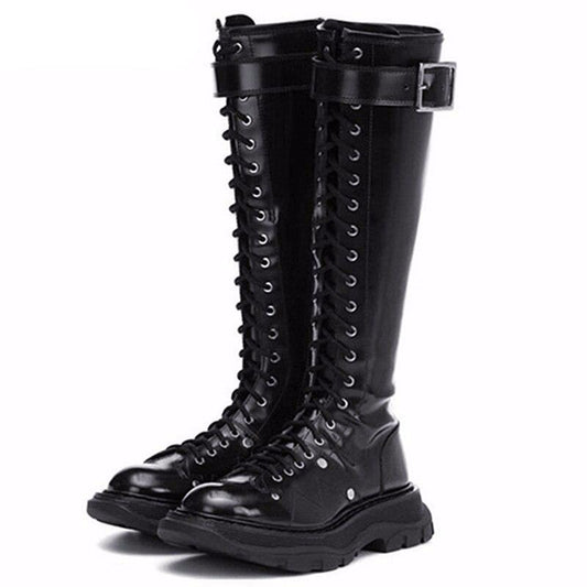 Leather Women's Knee High Boots 2020 Brand Design Winter Lace up Women Platform Boot Spring Ladies Chunky Shoes - LiveTrendsX