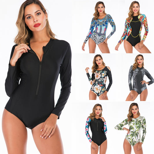 Long Sleeve Rash Guard Women Floral Print Swimwear Zipper One Piece Swimsuit High Neck Surf Suit Black Dive Bodysuit Beachwear - LiveTrendsX