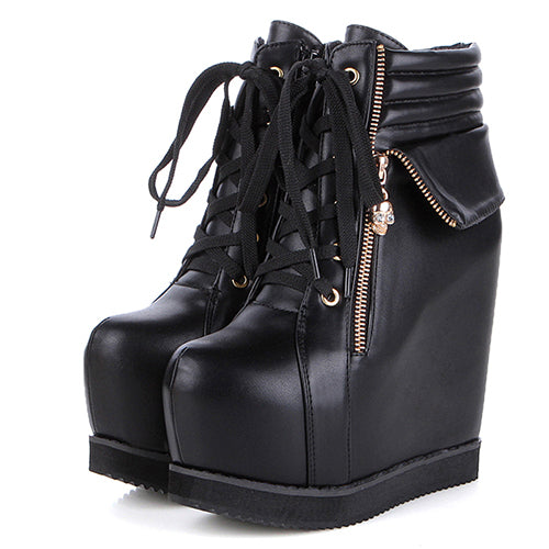 Spring Autumn Women Shoes Round Toe Wedges High Heels Ankle Boots Thick Platform Metal Skull Fashion Ladies Short Boots - LiveTrendsX