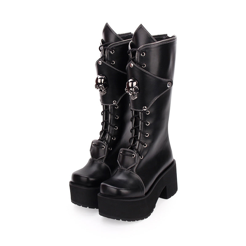 Women's Gothic Punk High Boots Thick Platform Chunky Heels Skull Lace-up Cosplay Boots - LiveTrendsX