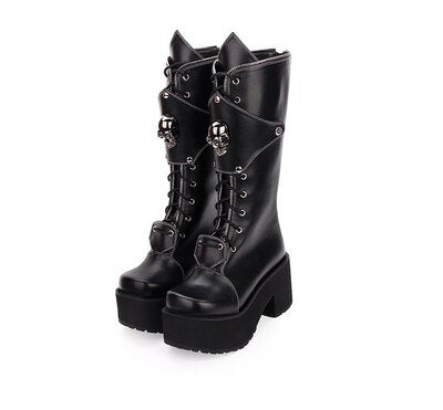 Women's Gothic Punk High Boots Thick Platform Chunky Heels Skull Lace-up Cosplay Boots - LiveTrendsX