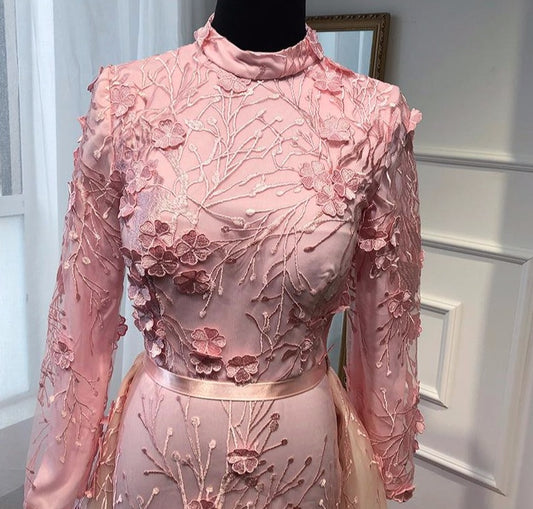 Muslim Romantic Pink Long Sleeves Evening Dresses 2020 High Neck Handmade Flowers Evening Gowns - LiveTrendsX