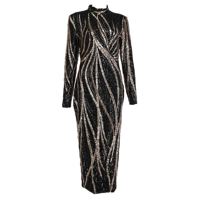 Glittering Womens Turtleneck Long Sleeve Sequin Maxi Bodycon Dress Elegant Stretch Geometrical Foil Party Dress Vestidos - LiveTrendsX