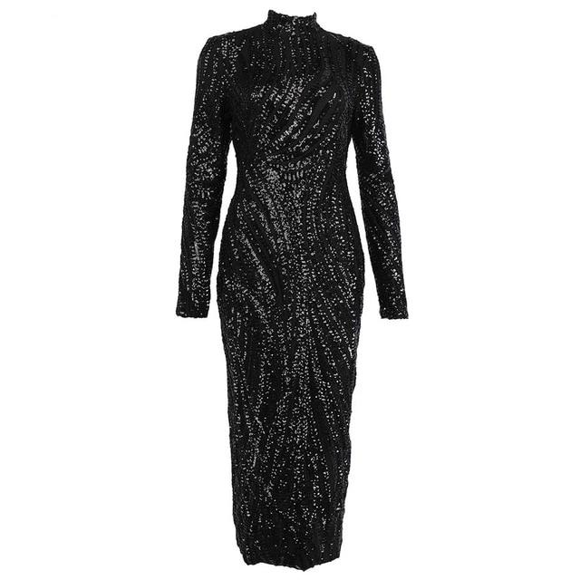 Glittering Womens Turtleneck Long Sleeve Sequin Maxi Bodycon Dress Elegant Stretch Geometrical Foil Party Dress Vestidos - LiveTrendsX