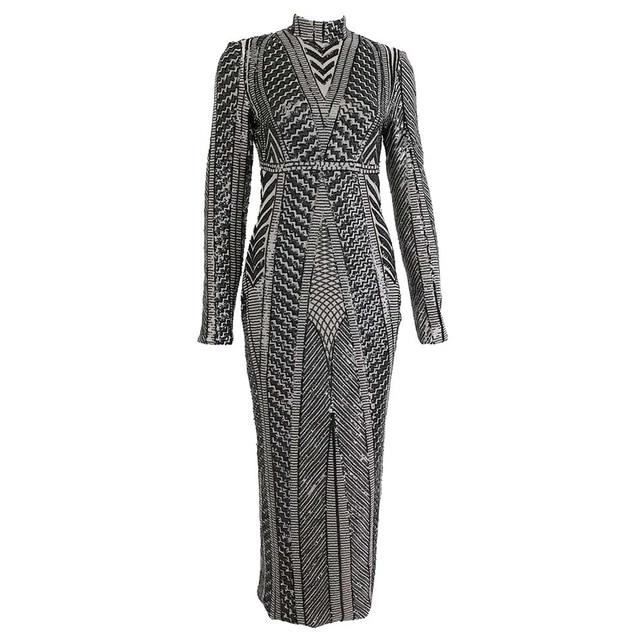 Glittering Womens Turtleneck Long Sleeve Sequin Maxi Bodycon Dress Elegant Stretch Geometrical Foil Party Dress Vestidos - LiveTrendsX