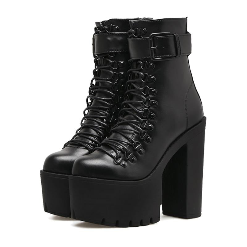 Fashion Motorcycle Boots Women Leather Spring Autumn Metal Buckle High Heels Shoes Zipper Black Ankle Boots Woman Lacing - LiveTrendsX