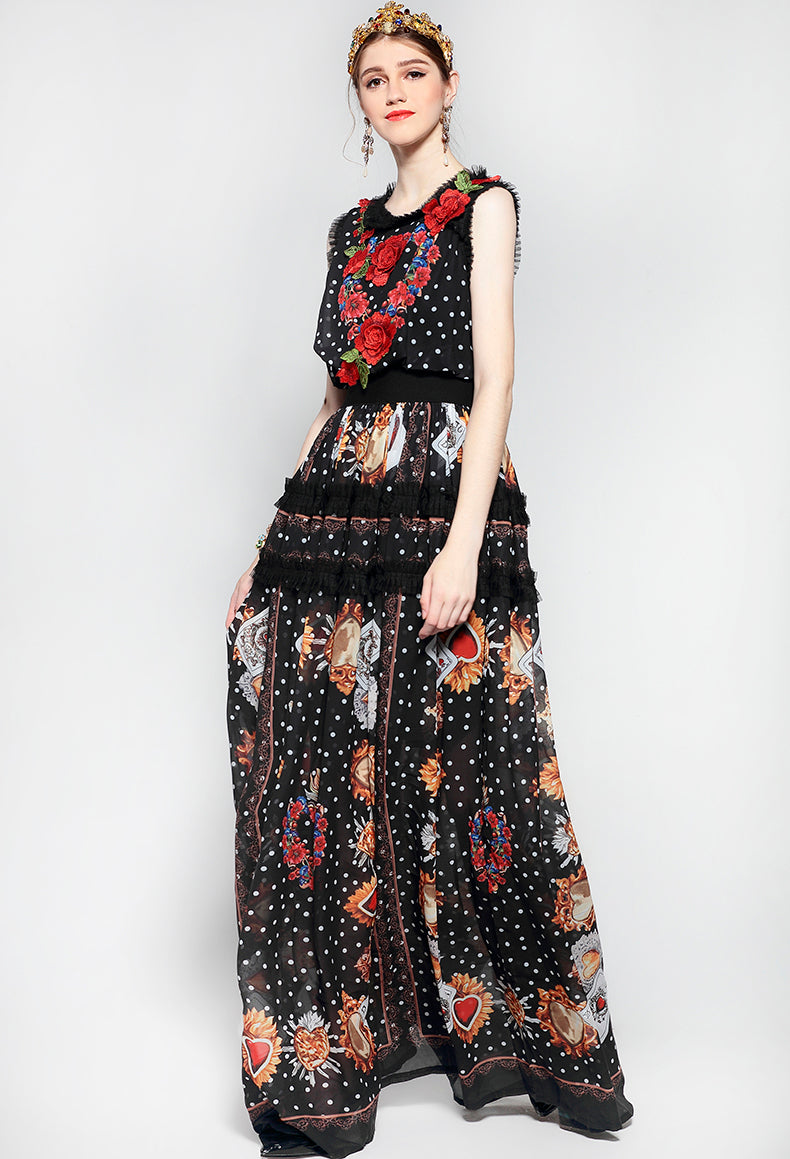 Fashion Runway Maxi Dress Women Floor Length Sleeveless Elegant Rose Flower Print Floral Embroidery Vintage Long Dress - LiveTrendsX