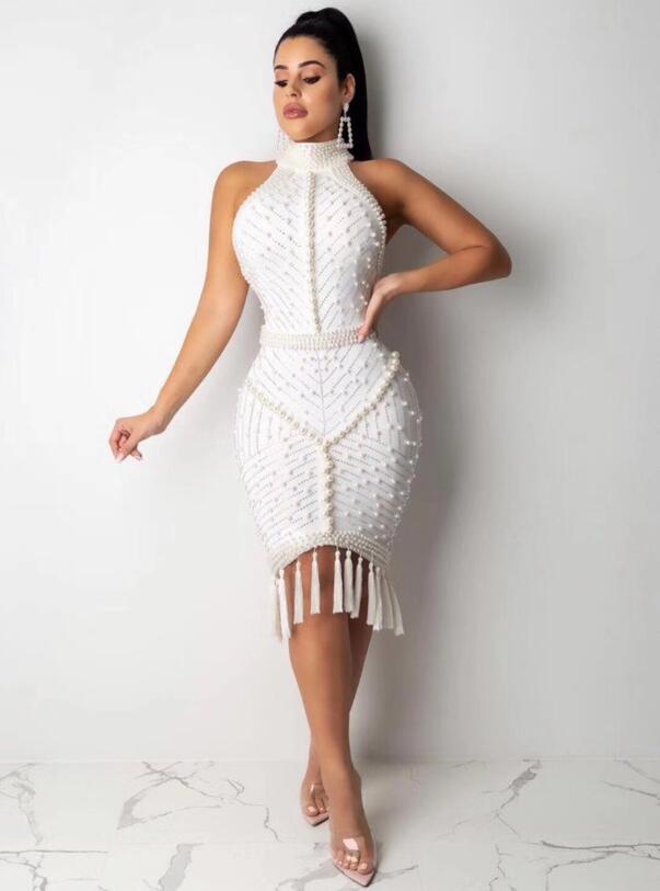 Dress Sexy Backless Beading Black White Tassel Women Dress  Designer Fashion Party Dress Vestido - LiveTrendsX