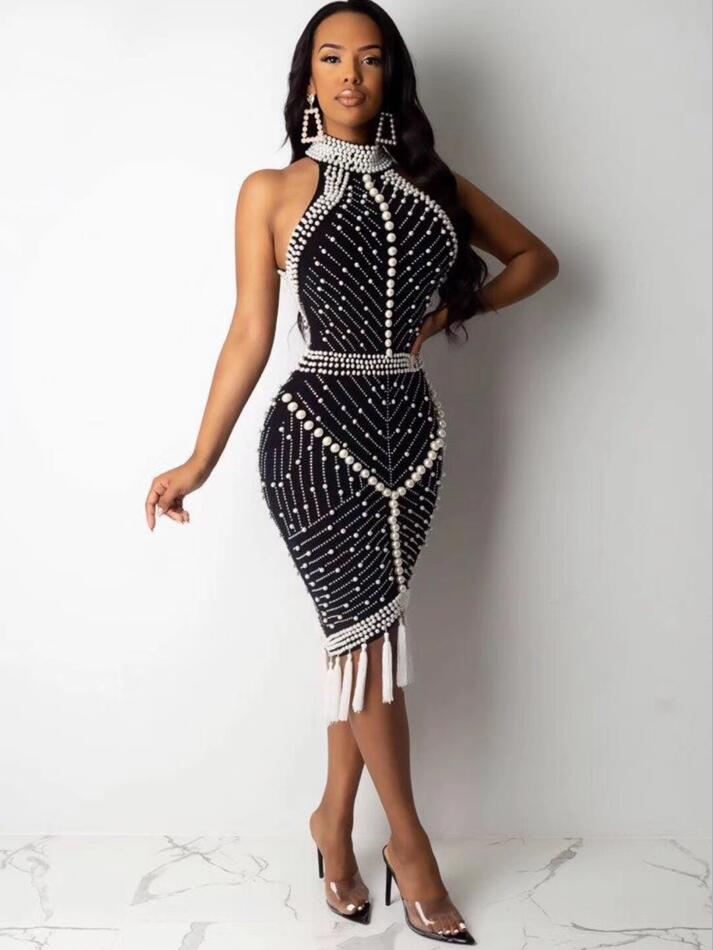 Dress Sexy Backless Beading Black White Tassel Women Dress  Designer Fashion Party Dress Vestido - LiveTrendsX