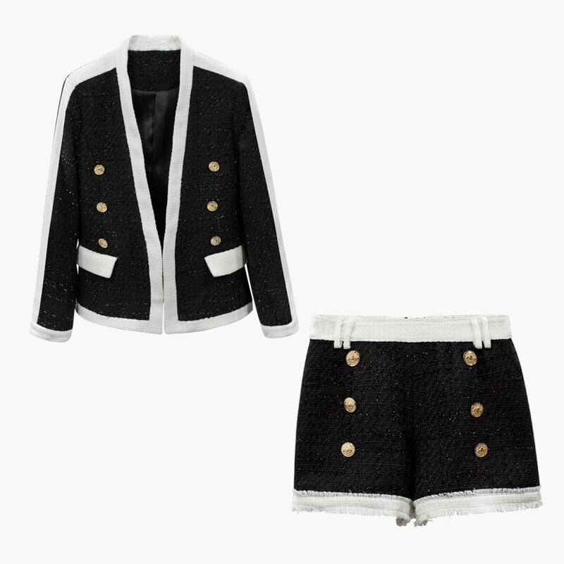 HIGH QUALITY New Stylish Fall Winter 2020 Designer Suit Set Women's Color Block Lion Buttons Tweed Blazer Jacket Shorts Set - LiveTrendsX