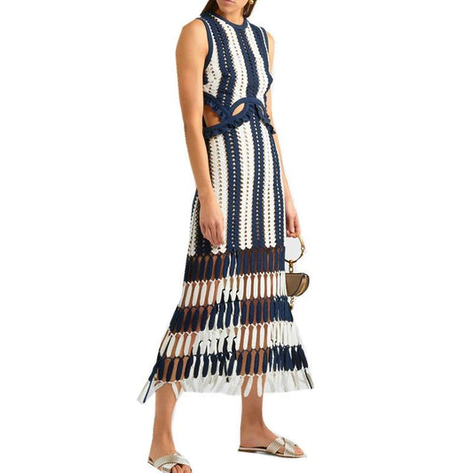 High Quality Newest Fashion Knitted tank dress white blue patchwork striped beach dresses women summer maxi Long dresses - LiveTrendsX