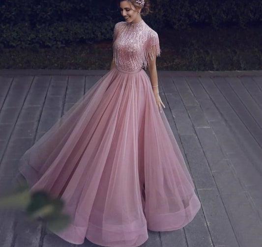 Pink Tassel Beading A-Line Tulle Evening Dresses 2020 High Collar Short Sleeveless Formal Dress - LiveTrendsX