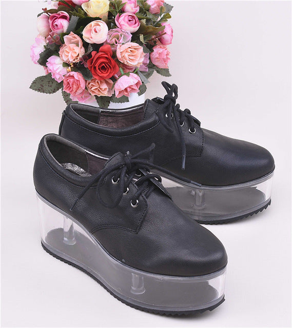 Individual Transparent Flat Platform Shoes Hollow Clear Heel Cross Tied Black White Casual Shoes Woman - LiveTrendsX