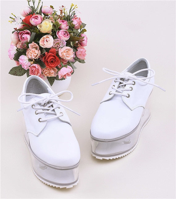 Individual Transparent Flat Platform Shoes Hollow Clear Heel Cross Tied Black White Casual Shoes Woman - LiveTrendsX