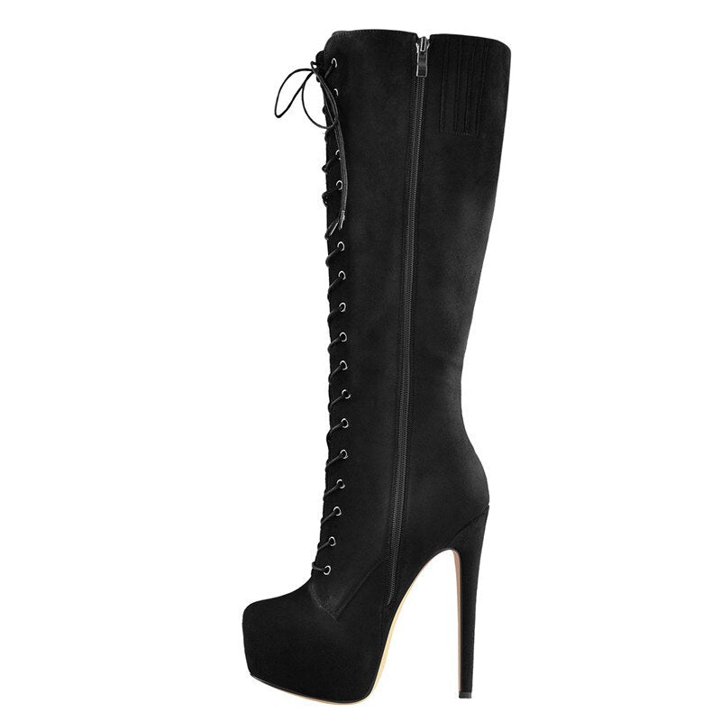 Women's Round Toe Stiletto Platform Zipper Knee High Boots16CM High Heel Pattern Lace Up Plus Size Boots For Winter - LiveTrendsX