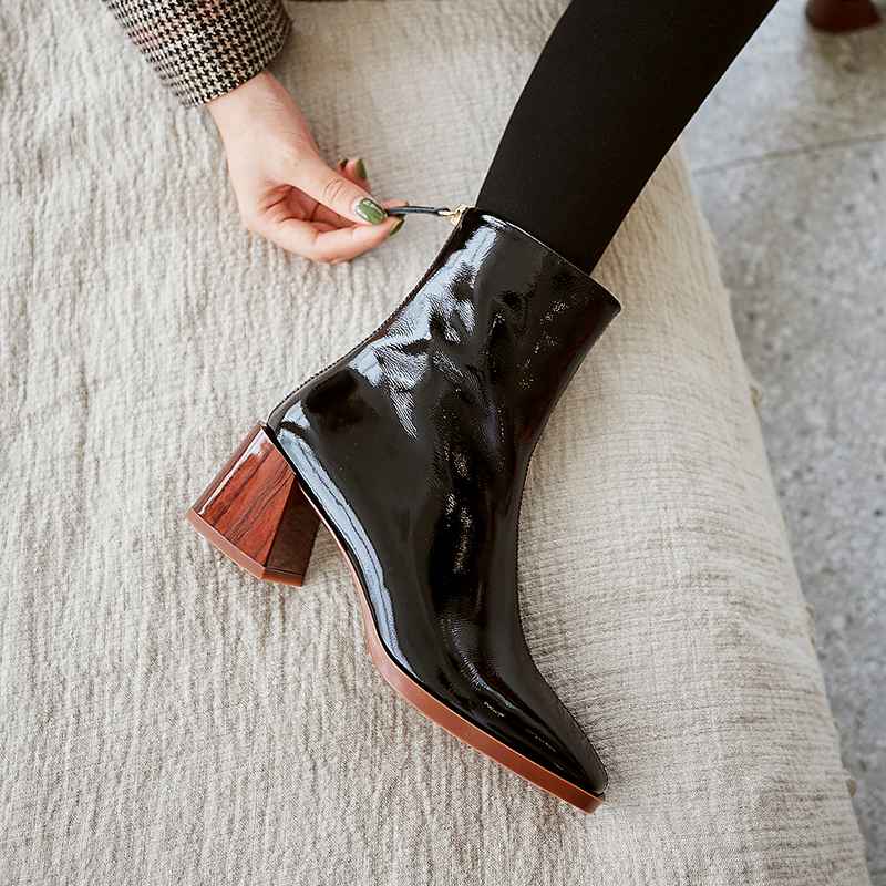 new arrival patent cow leather thick high heels square toe handmade keep warm runway modern show ankle boots - LiveTrendsX