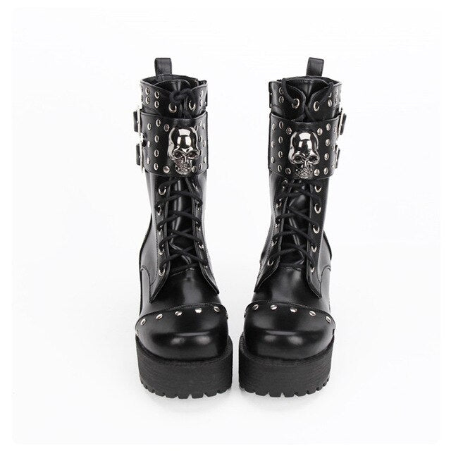 Fashion Rivet Skull Gothic Punk Rock Lace-up Boots Block Heel Thick Platform Punk Lolita Cosplay Boots - LiveTrendsX