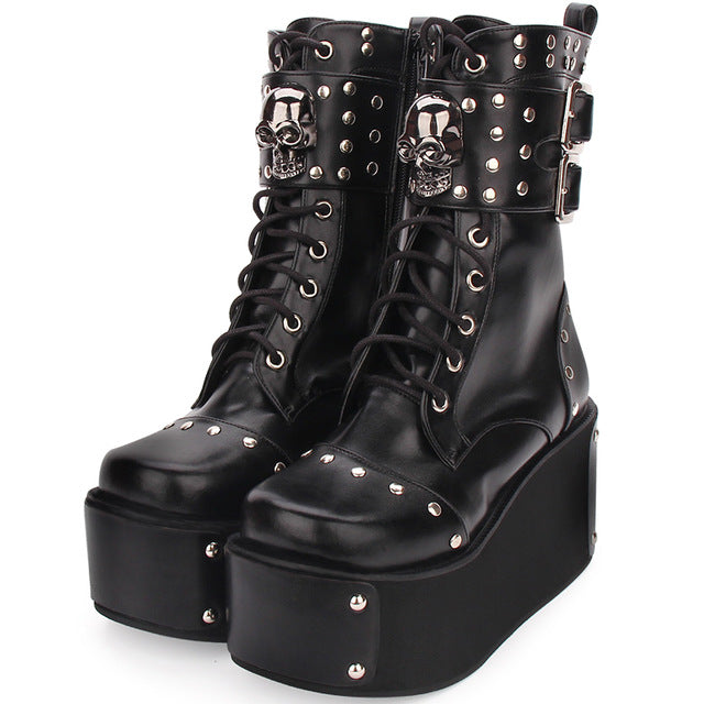 Fashion Rivet Skull Gothic Punk Rock Lace-up Boots Block Heel Thick Platform Punk Lolita Cosplay Boots - LiveTrendsX