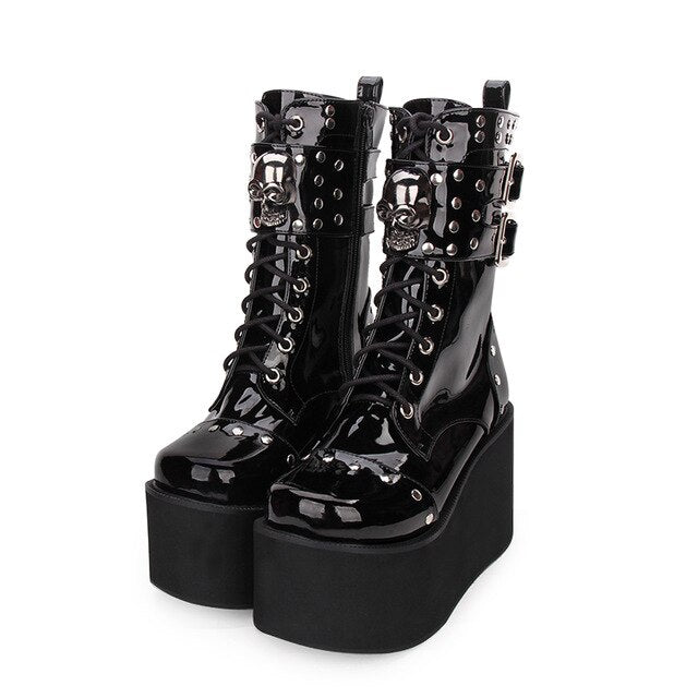 Fashion Rivet Skull Gothic Punk Rock Lace-up Boots Block Heel Thick Platform Punk Lolita Cosplay Boots - LiveTrendsX