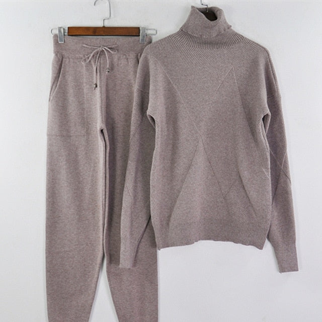 Woman Sweater Suits Casual  Knit Tracksuit Turtleneck Pullovers+pants Two Piece Sets Female Outfits - LiveTrendsX