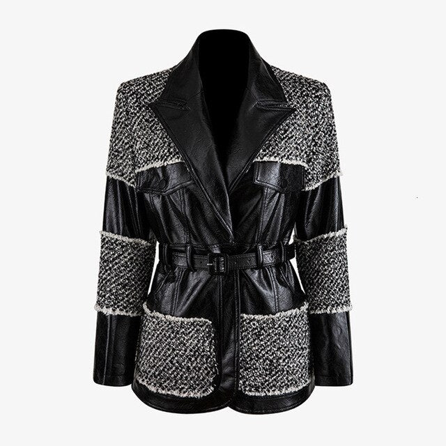 Patchwork PU Leather Woolen Coats Female Lapel Collar Long Sleeve High Waist Lace Up Hit Color Jackets Women Tide - LiveTrendsX