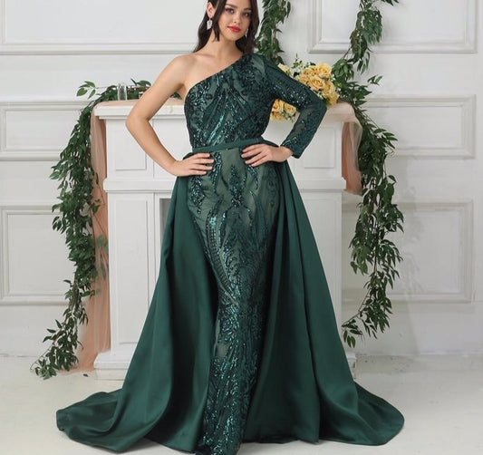 Green One Shoulder Long Sleeves   Sequeined Evening Dresses Luxury Fashion Sexy With Train Evening Gowns 2020 - LiveTrendsX