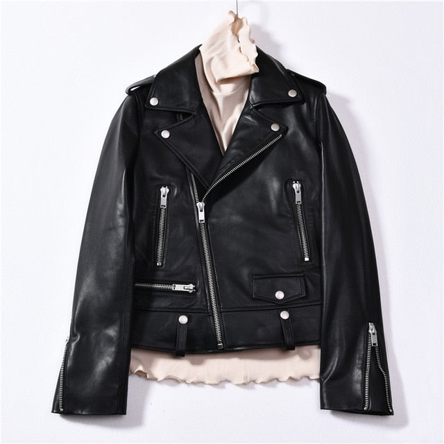 Spring Genuine Leather Jacket Women  Fashion Real Sheepskin Coat Rivet Motorcycle Biker Jacket Female Sheep Leather Coat - LiveTrendsX