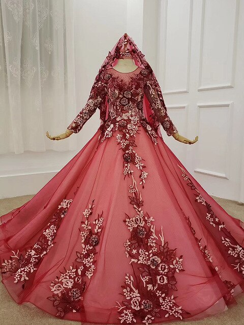 prom dresses 2020 o-neck long sleeves lace up back red lace long floor-length evening dress vestidos de fiesta de noche - LiveTrendsX