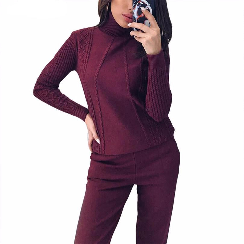 Soft Knitted Suits warm sweater suit Women's Twist knitting turtleneck sweater top and pants Loose Style tracksuit ropa - LiveTrendsX