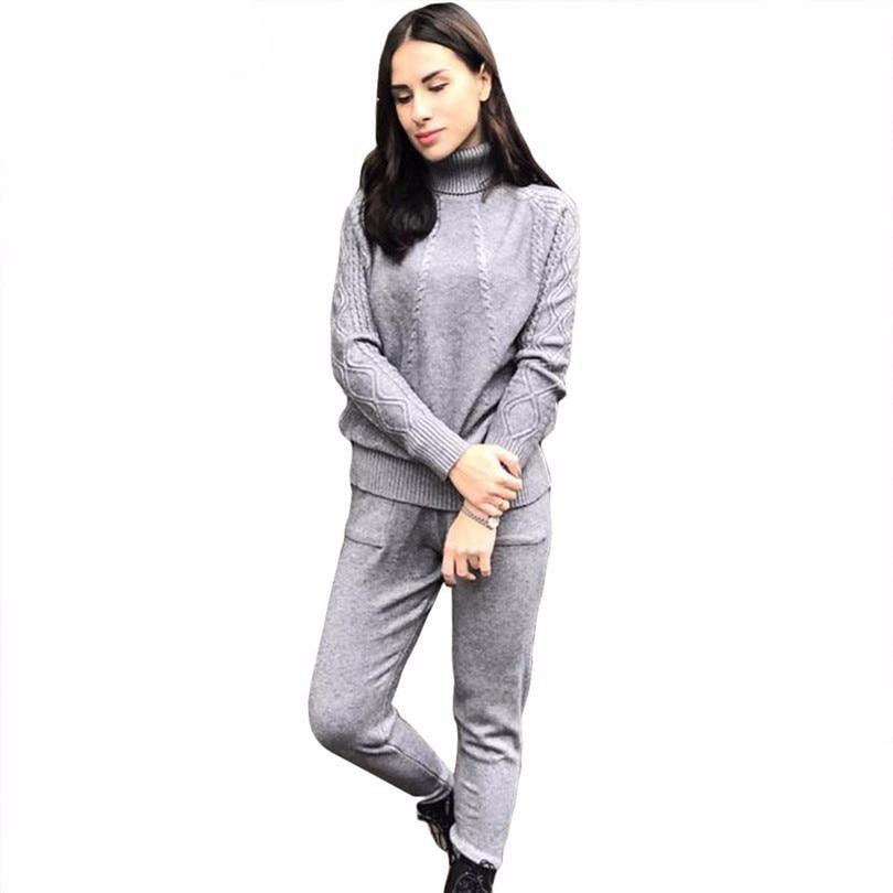 Soft Knitted Suits warm sweater suit Women's Twist knitting turtleneck sweater top and pants Loose Style tracksuit ropa - LiveTrendsX