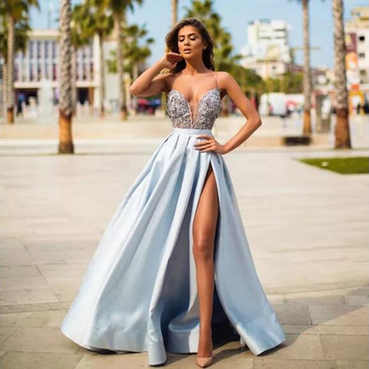 Sky Blue Satin Evening Gown A-Line Sexy High Split Top Lace Long Prom Dresses Straps - LiveTrendsX