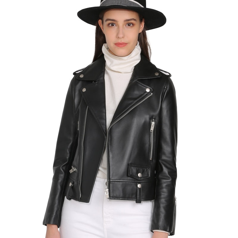 Spring Genuine Leather Jacket Women  Fashion Real Sheepskin Coat Rivet Motorcycle Biker Jacket Female Sheep Leather Coat - LiveTrendsX