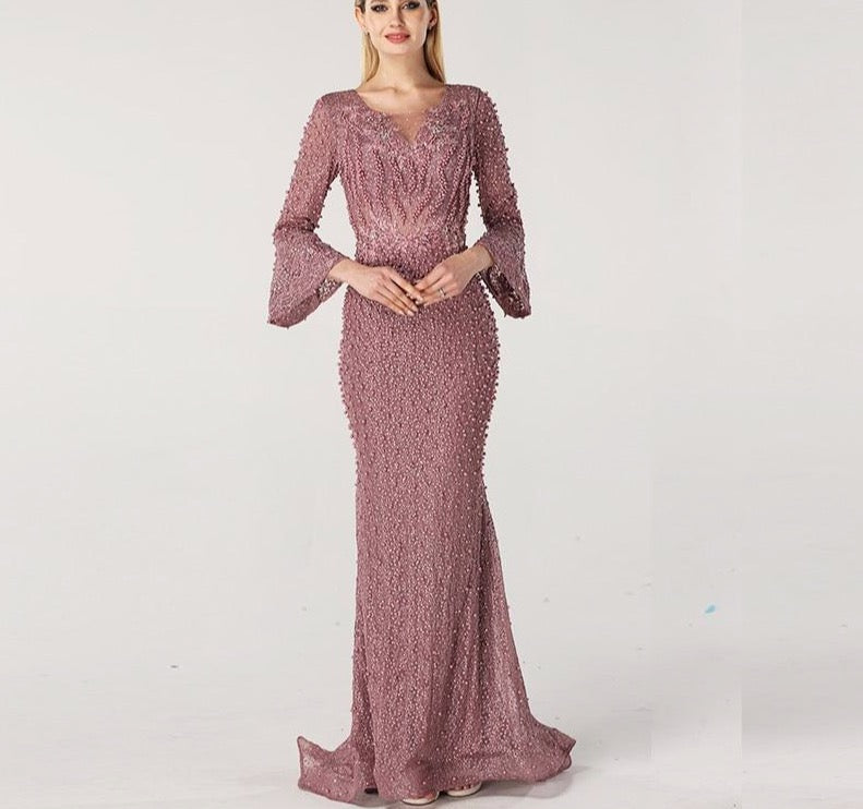 Muslim Pink Luxury Long Sleeves Evening Dresses Pearls Crystal Lace Formal Gowns 2020 Dubai - LiveTrendsX