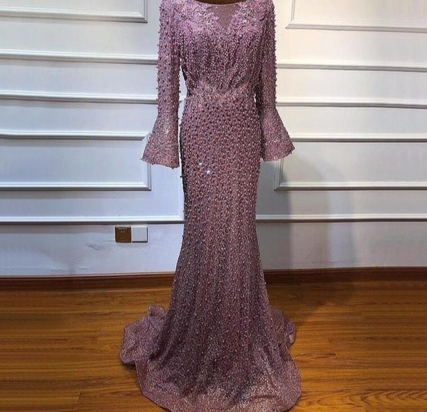 Muslim Pink Luxury Long Sleeves Evening Dresses Pearls Crystal Lace Formal Gowns 2020 Dubai - LiveTrendsX