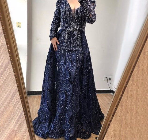 Dubai Blue Deep-V Crystal Sexy Evening Dresses 2020 Long Sleeves Luxury Mermaid Evening Gowns - LiveTrendsX