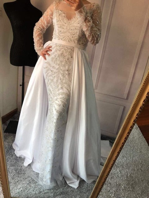 Luxury Pink  Mermaid  Evening Dresses Emeradald  Green Train Long Sleeves Beading Crystal Evening Gown - LiveTrendsX