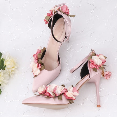 Shoes Adults Sandals Wedding Pink Silks Satins Bridal Shoes Pointed Toe Ultra High Heels Lace Flower Pearl Formal Dress Shoes - LiveTrendsX