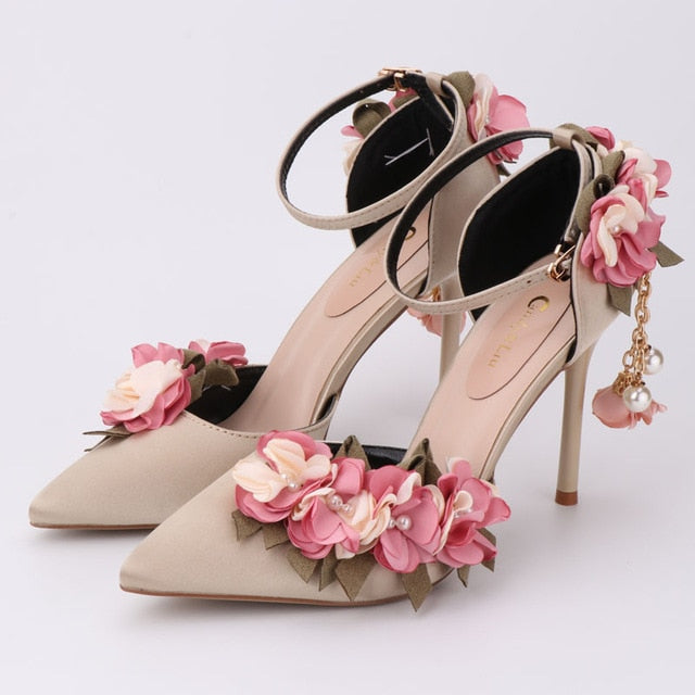 Shoes Adults Sandals Wedding Pink Silks Satins Bridal Shoes Pointed Toe Ultra High Heels Lace Flower Pearl Formal Dress Shoes - LiveTrendsX