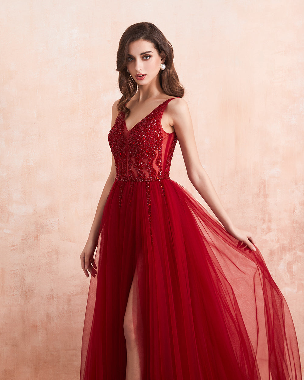 Beading Prom Dresses 2020 Long Sexy V-Neck High Split Tulle Sweep Train Sleeveless Evening Gown A-Line Backless - LiveTrendsX