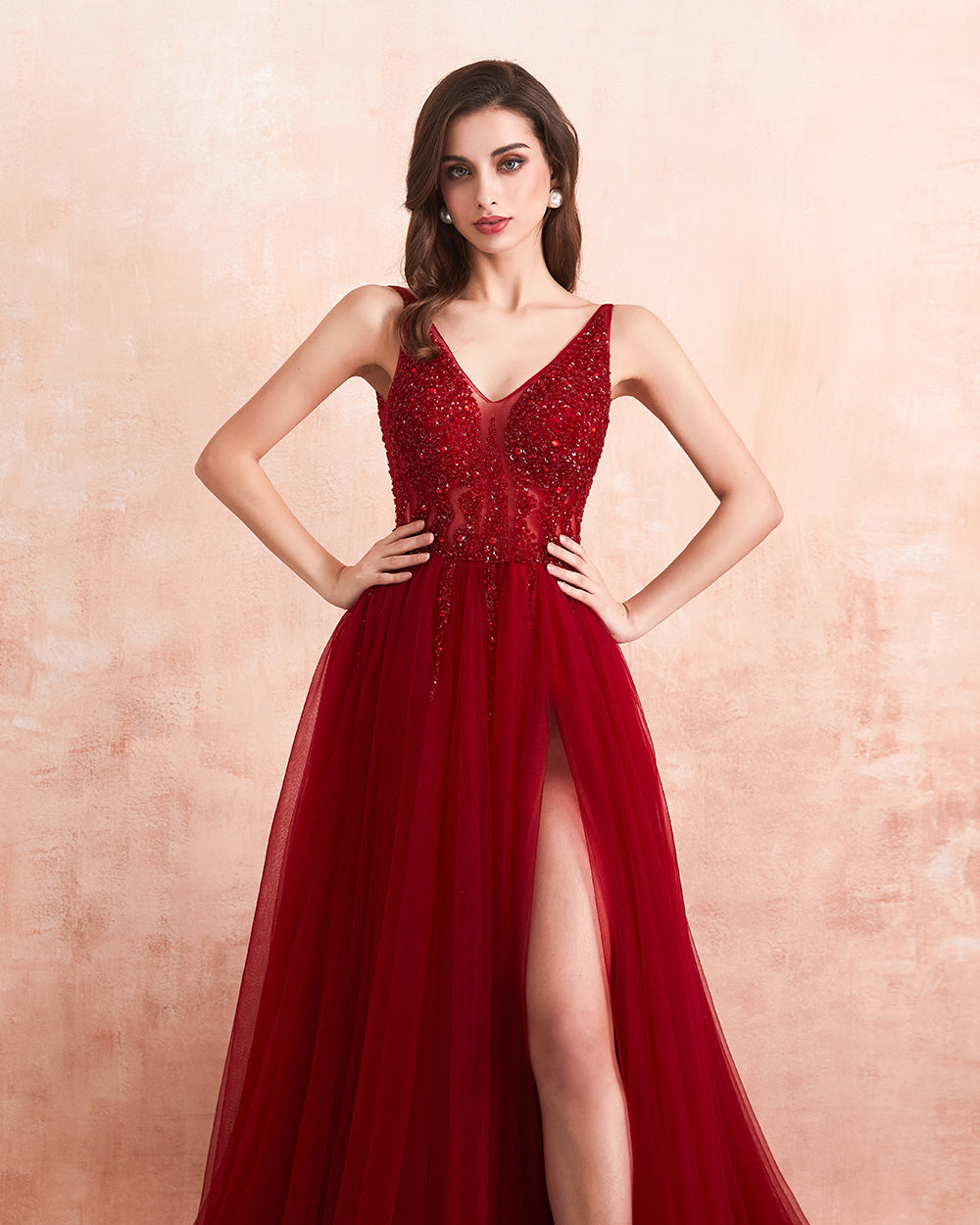 Beading Prom Dresses 2020 Long Sexy V-Neck High Split Tulle Sweep Train Sleeveless Evening Gown A-Line Backless - LiveTrendsX