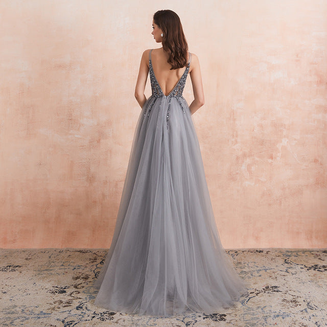 Beading Prom Dresses 2020 Long Sexy V-Neck High Split Tulle Sweep Train Sleeveless Evening Gown A-Line Backless - LiveTrendsX