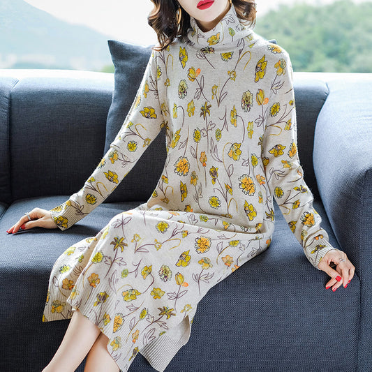 new Korean version of mid-length printed pure wool cashmere sweater dress casual loose knit sweater dresses - LiveTrendsX